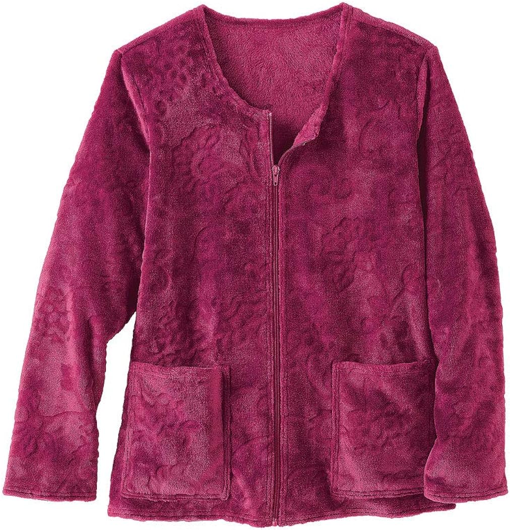 AmeriMark Plush Fleece Bed Jacket Soft Embossed Robe Zipper and Patch
