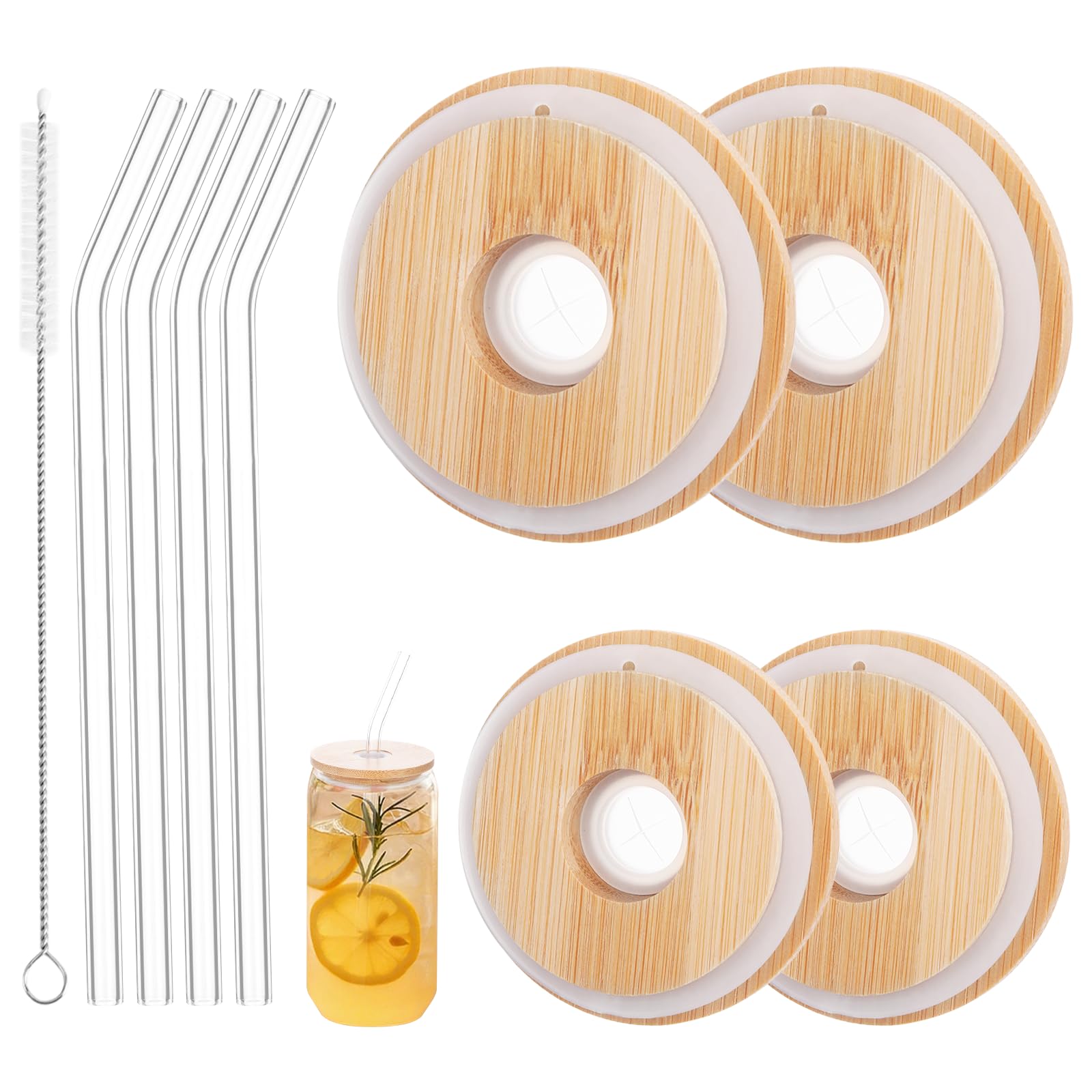 Photo 1 of 4 Pack Mason Jar Lids with Straw Hole, Reusable Natural Bamboo Lids for Glass Cups Regular Mouth, 2.76 inches / 70mm Wide Replacment Wooden Cover, Glass Straws and Brush Included
