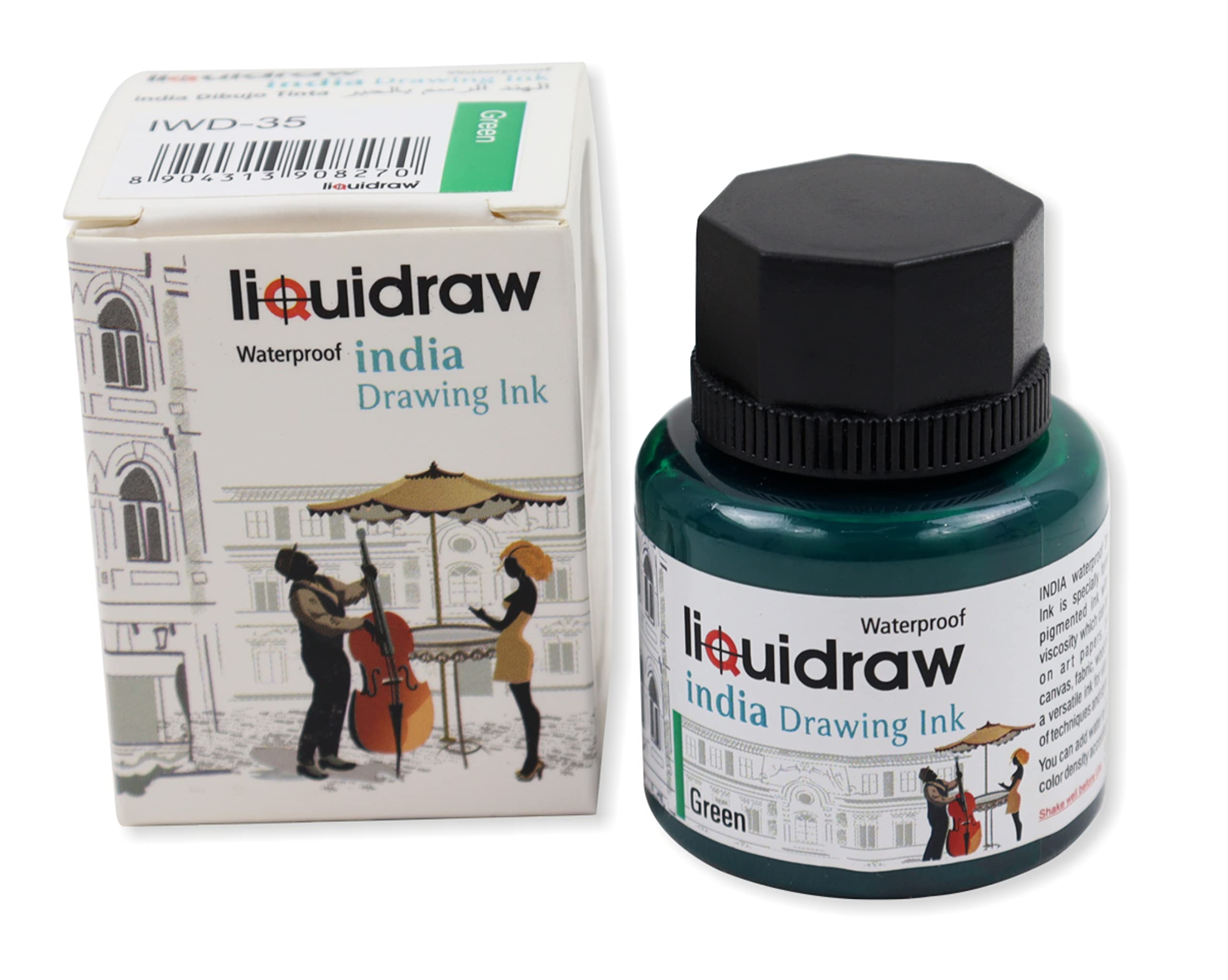 Liquidraw Coloured Drawing Ink India Ink, Waterproof 20 Assorted Colours, 35ml Indian Inks for Artists (Green)