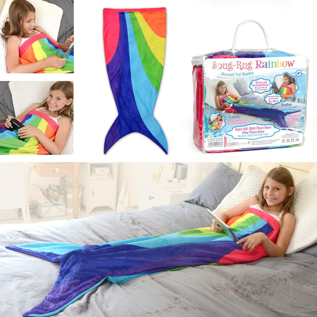 Snug Rug Mermaid Tail Blanket Kids Blanket for Girls, Boys, Children’s Multi Coloured Soft Fleece Blankets, Toddler, Adults Up to 5ft tall, Polyester, 61 x 5 x 142 cm