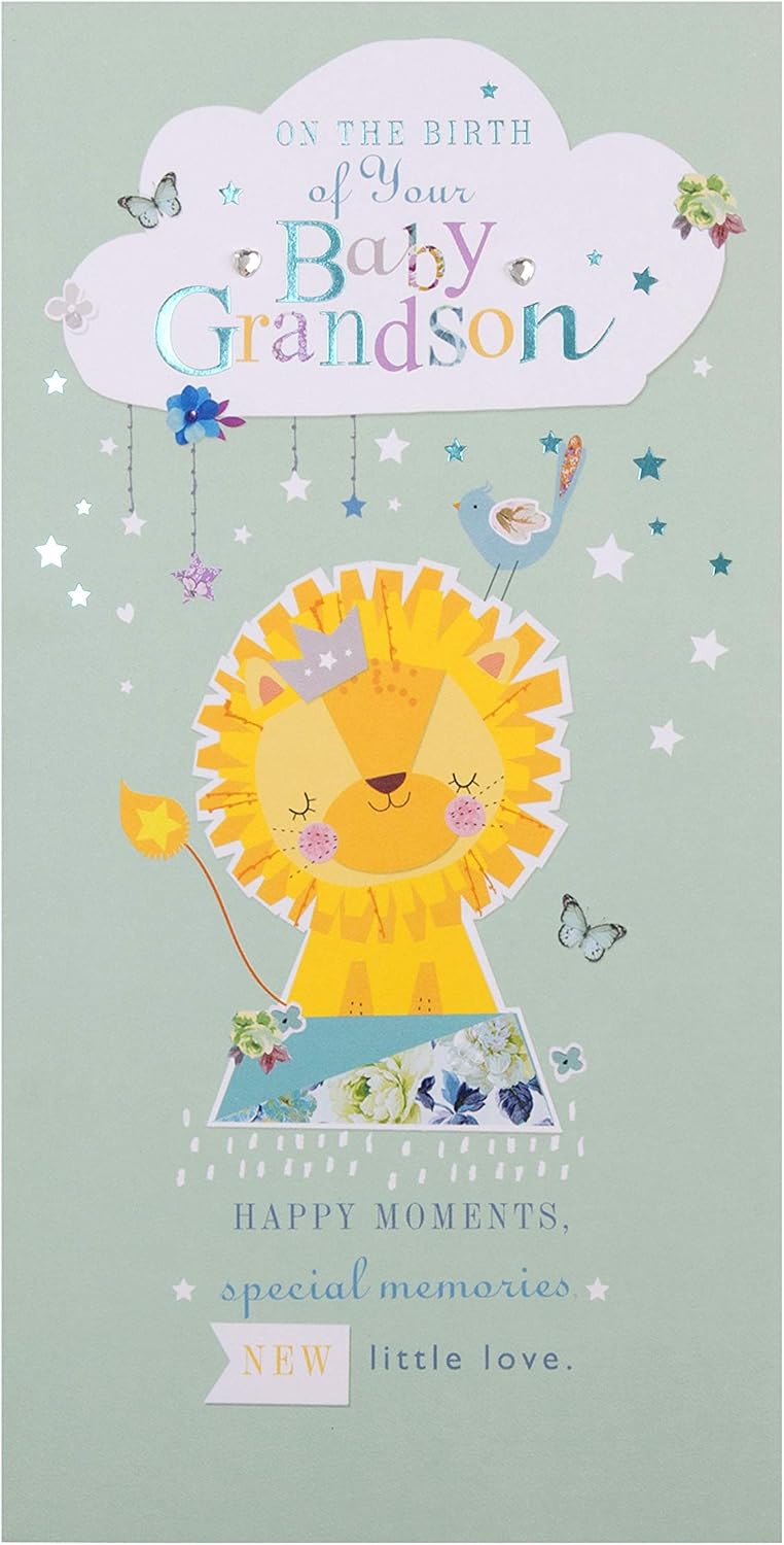 Hallmark New Grandson Birth Congratulations Card - Cute Lion Design with Blue Foil Details and Gem Attachments
