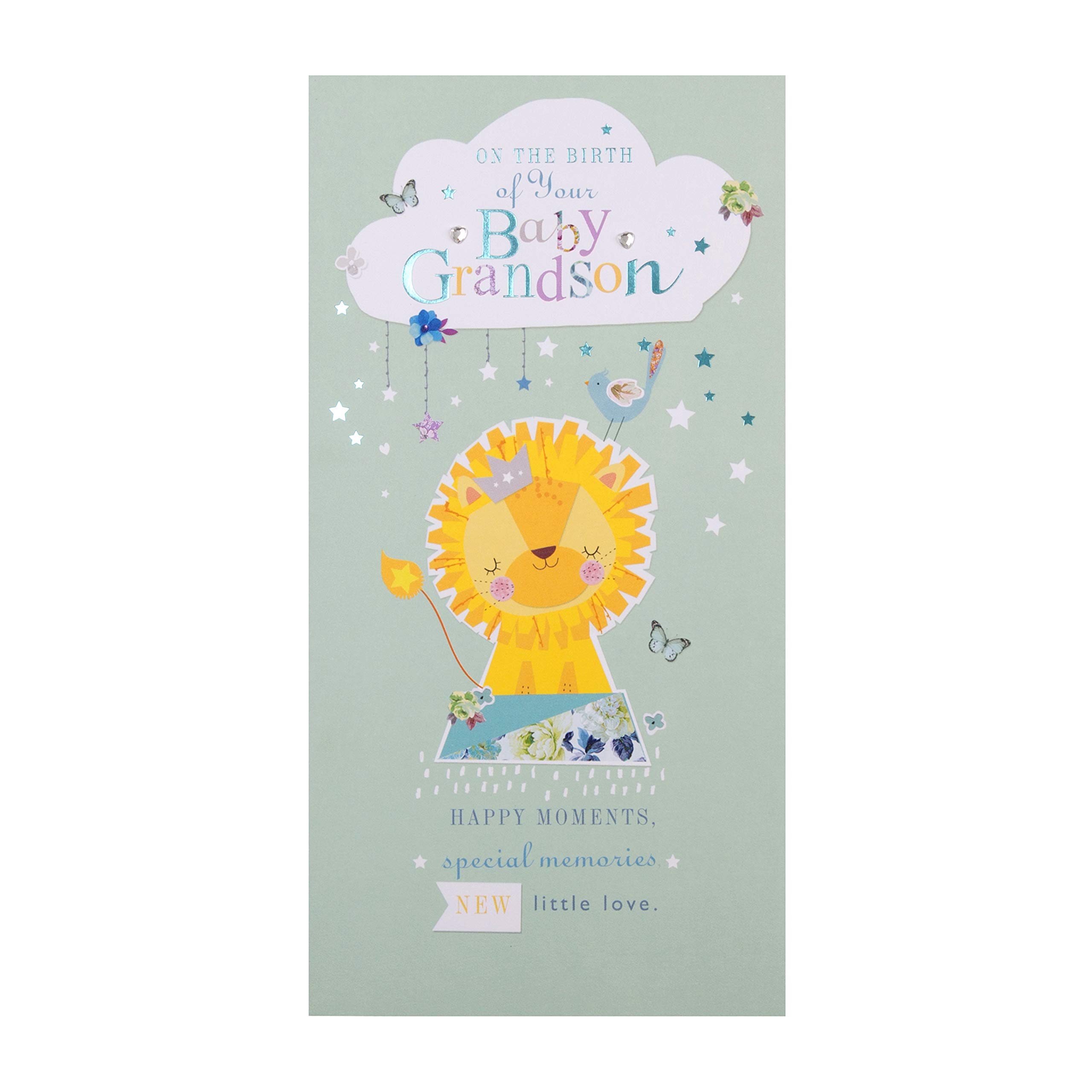 Hallmark New Grandson Birth Congratulations Card - Cute Lion Design with Blue Foil Details and Gem Attachments