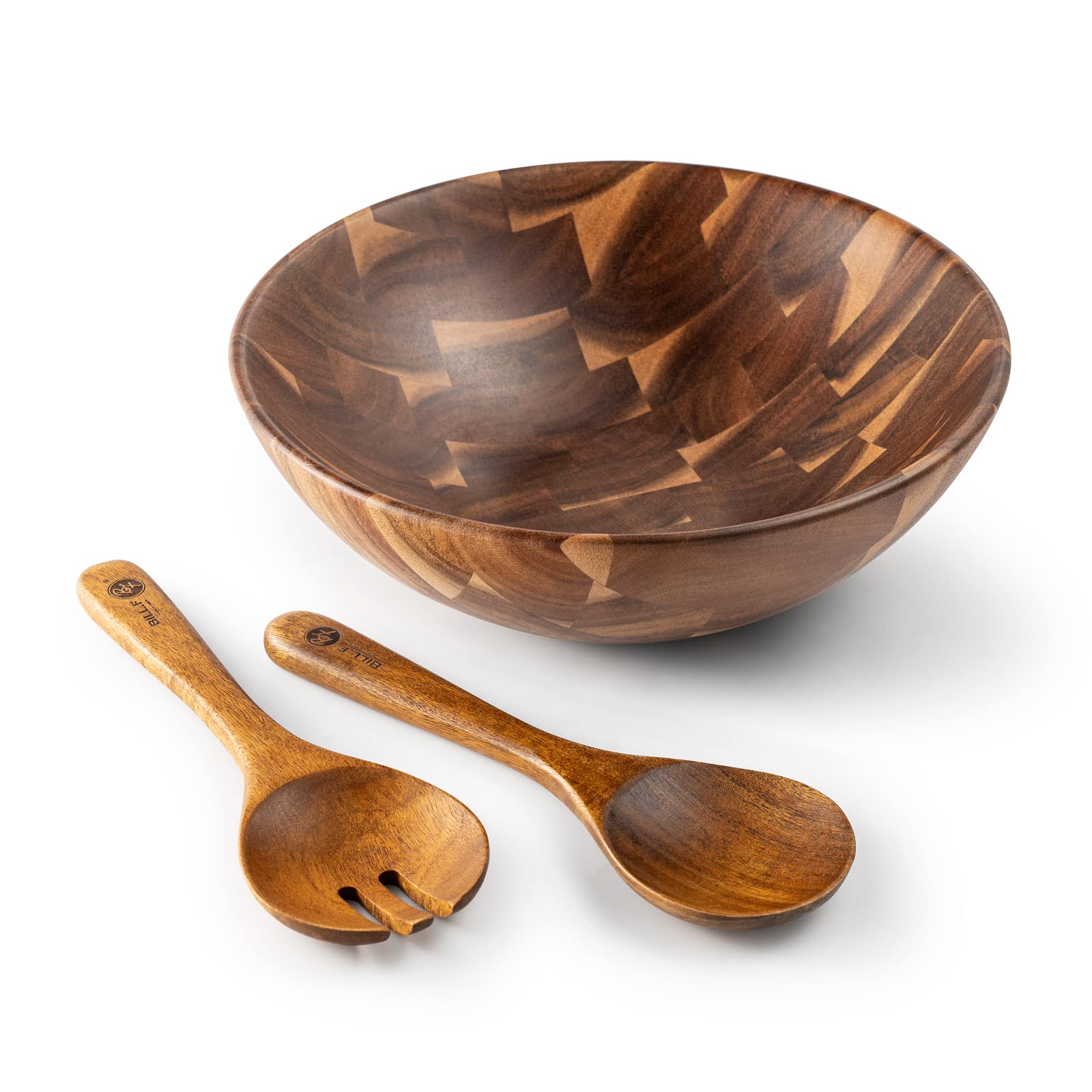 Bill.F Salatschüssel aus Holz, Salatschüssel-Set aus Akazienholz, Große Salat-Rührschüssel mit Servern, 3-teiliges Großes Salatschüssel-Set D30*10cm