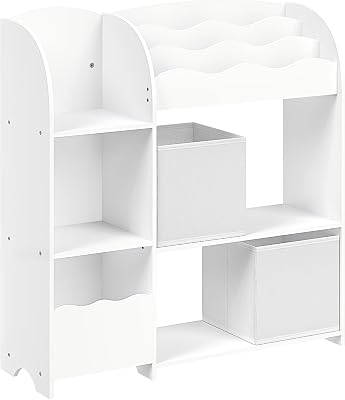 Étagère de Rangement pour Enfants, Bibliothèque, pour Livres et Jouets, Organisateur avec 2 Boîtes de Rangement, pour Salle de Jeux, Chambre d’Enfants, Salon, Blanc Nuage GKR042W01
