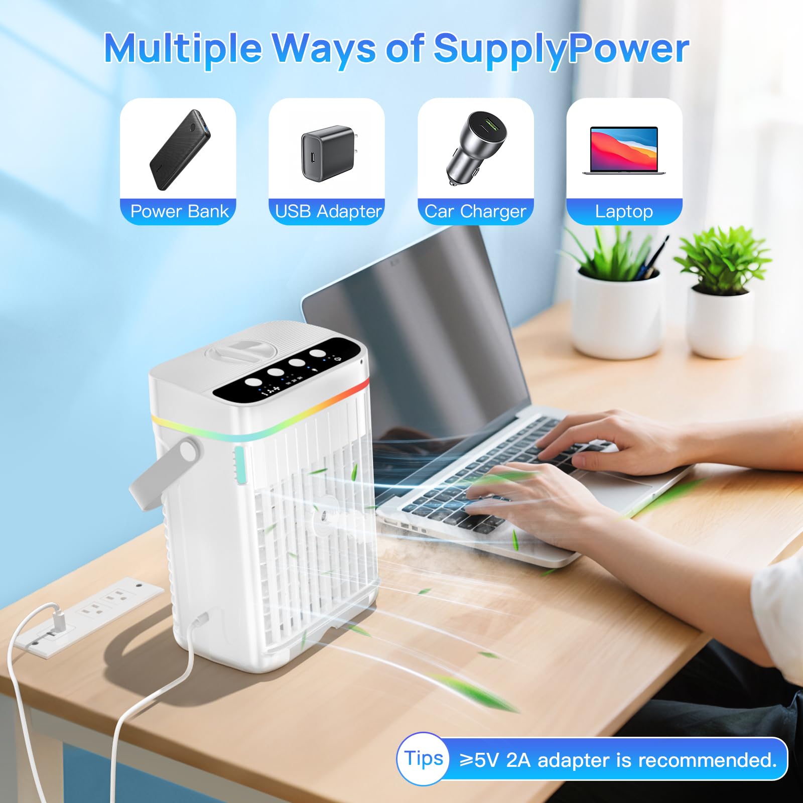 Portable Air Conditioners, 40oz Water Tank, 3 Wind Speed & 3 Cool Mist, 1-3H Timer & 7 LED Light, Personal Air Conditioner Small Mini Air Conditioner Portable Air Cooler for Room/Office
