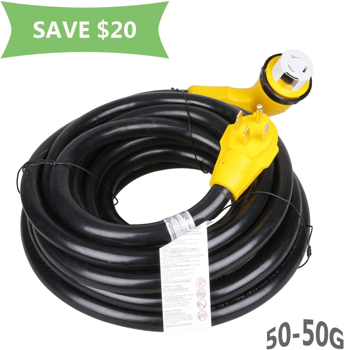 Epicord Heavy Duty Outdoor RV extension cord 50 amp standard male with Handle 50 Amp 90 Degree Female with Twist Lock(50FT)