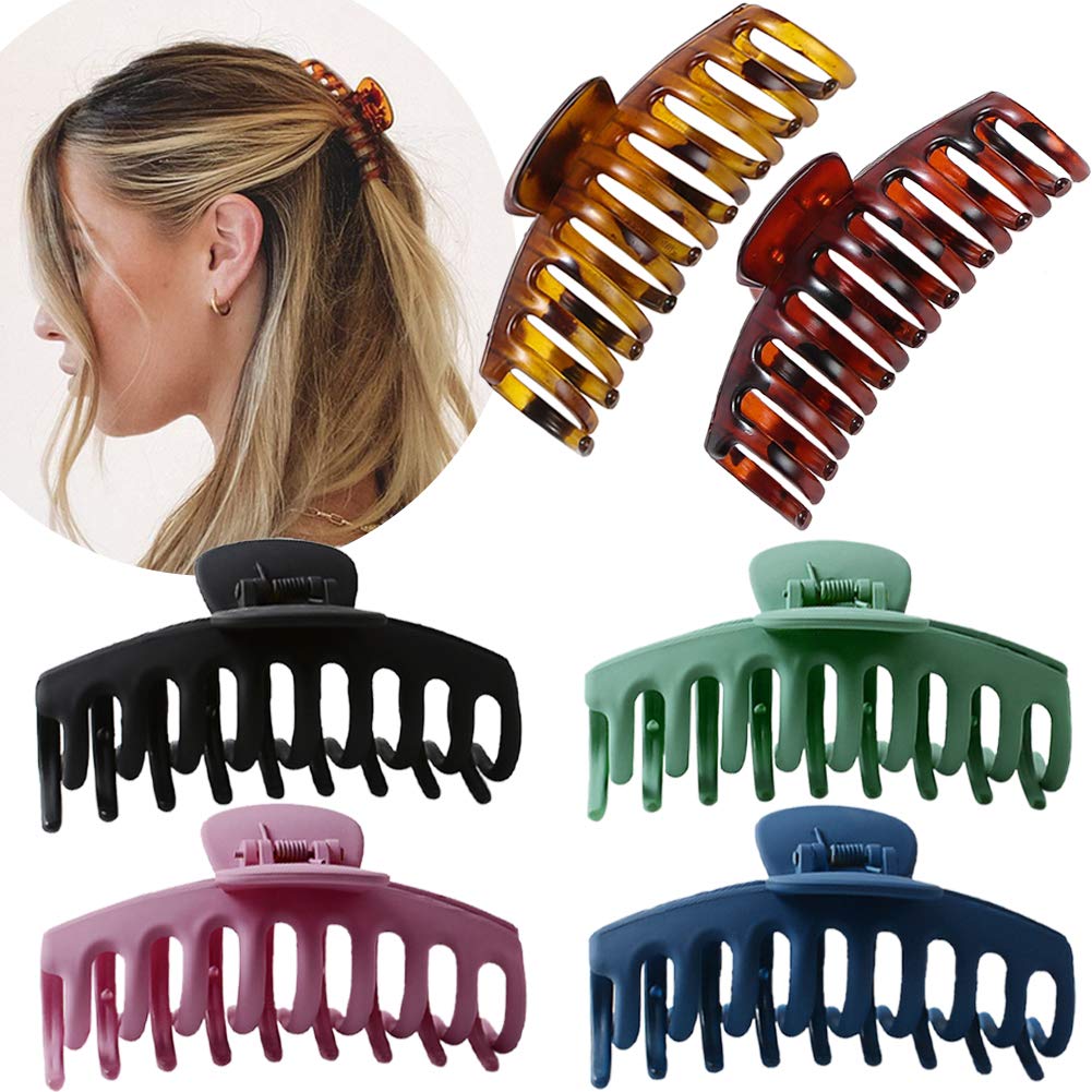 Hair Claw Clip for Women - Jumbo HairClips Strong Hold Hair Catch Barrette Jaw Clamp for Thick/Thin Hair Tortoise Barrettes Celluloid Big Fashion Hair Styling Accessories Girls (6 Packs) (Matte-6pcs)