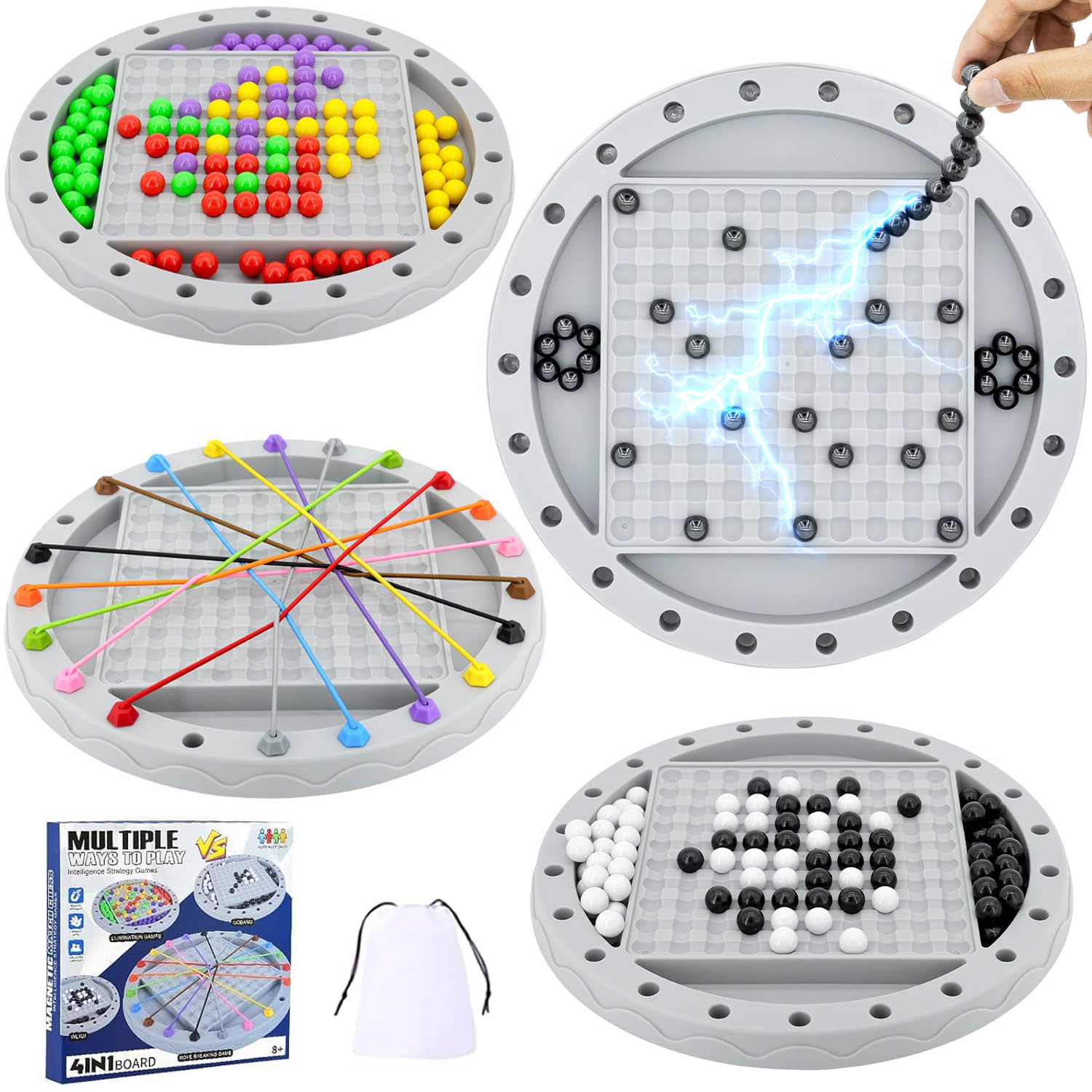 Photo 1 of 4 in 1 Board Games Set, Magnetic Chess, Rope Untangling Puzzle Game, Go Game, Rainbow Bead Elimination, Classic Strategy Travel Games for Kids, Family Night, Ages 8+, 2-4 Players