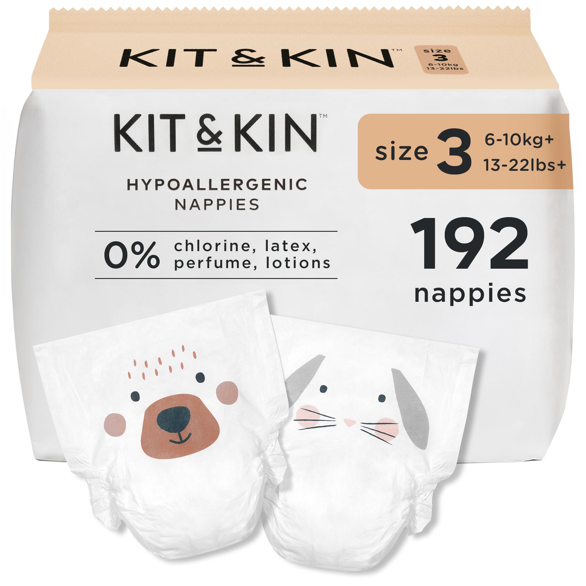 Kit & Kin Premium Baby Nappies Size 3 | 6-10 kgs / 13-22 lbs | Pack of 192 Nappies | Plant-Based Materials On Baby's Skin | Hypoallergenic | Superior up to 12 Hour Leak Protection