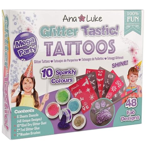Glitzer Tattoo Kit XL Pack 40 Selbsthaftende Schablonen Designs für Mädchen Kinder, 10 Große Glitzers, Klebstoff, 2 Pinsel fü