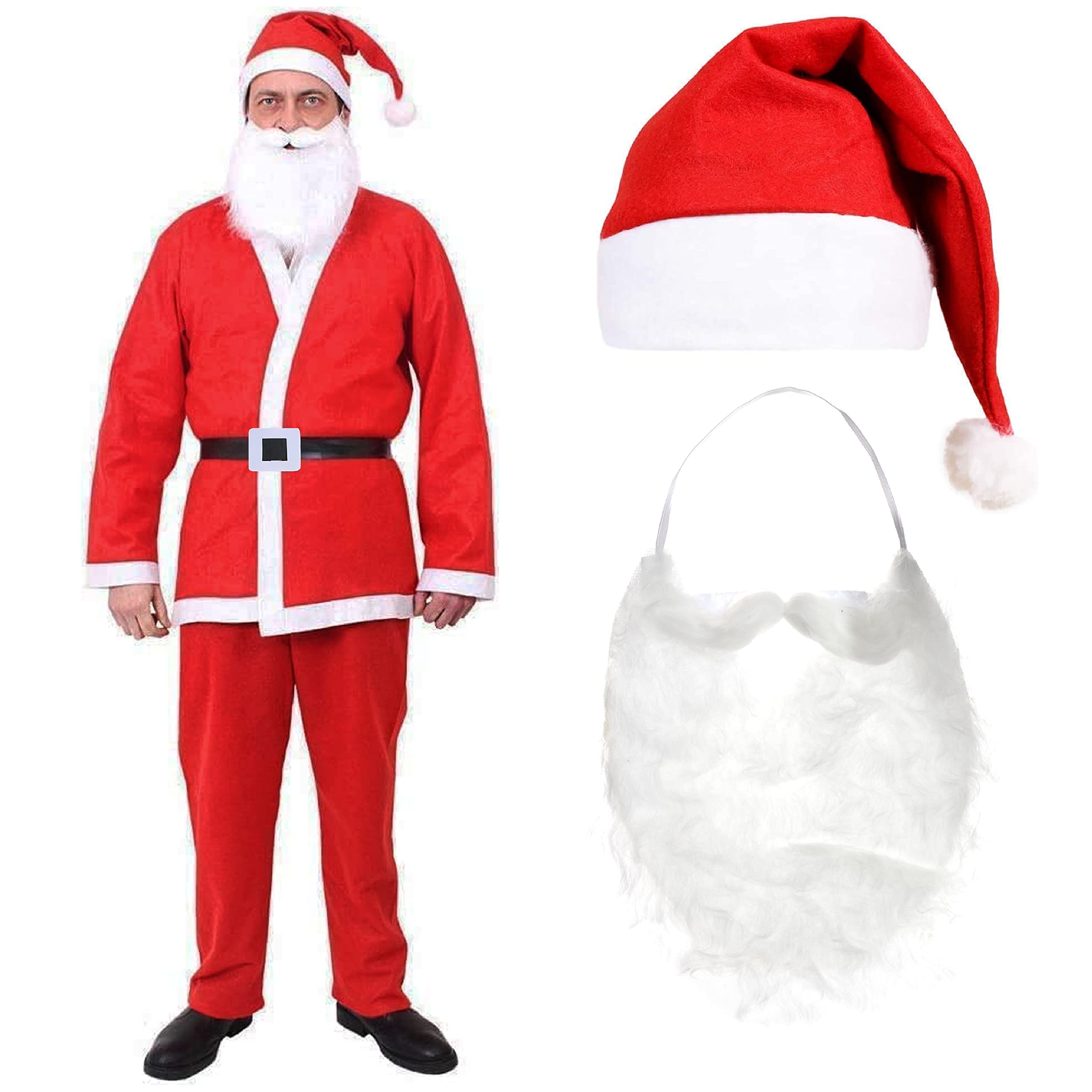MENS 5 PIECE SANTA CLAUS CHRISTMAS FANCY DRESS COSTUME RED & WHITE JACKET + TROUSERS + HAT + BEARD + BELT (X-LARGE)