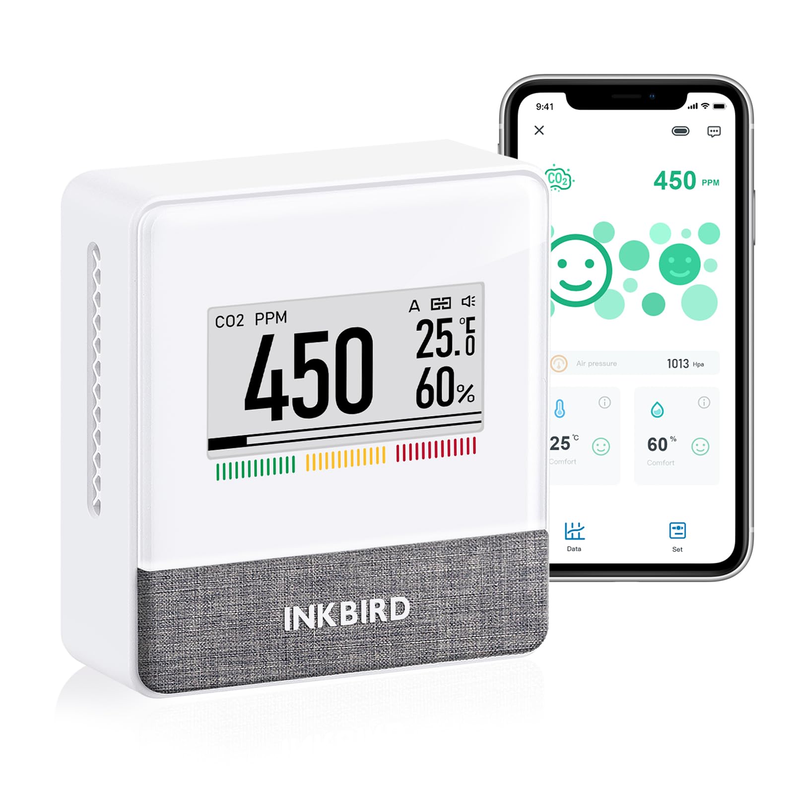 INKBIRD IAM-T1 Smart Indoor Air Quality Monitor, App Monitoring, Data Export Function, Carbon Dioxide Level Indicator, Detect Temperature, Humidity, Air Pressure