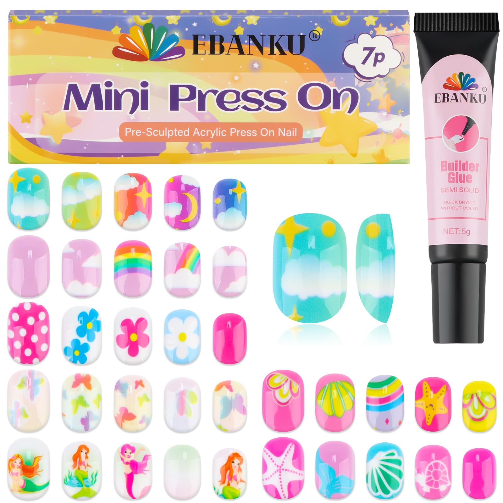 Photo 1 of 168 Pieces Press on Nails for Kids, EBANKU 7 Pack Kid Fake Nail Kit Summer Shells Butterfly Press on Nails for Girls 6-12 Years with Nail Glue