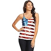 Anna-Kaci Womens Patriotic USA Flag American Sequin V Neck Cami Tank Top