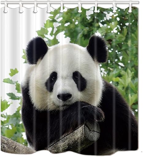 Amazon Assanu 面白い動物の家かわいいパンダ木製シャワーカーテンと緑の葉のパターンの装飾部屋の装飾家の浴室の浴室のホテルのカーテンをきれいに簡単にシャワーカーテン シャワーカーテン ホーム キッチン オンライン通販