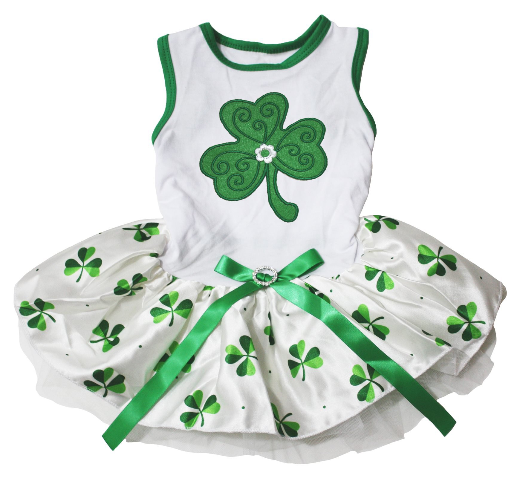 Puppy Clothes Dog Dress St Patrick's Day Wear Clover White Top Green Leafs Tutu (X-Large)