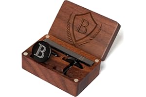 PROPHET CLUE PC Mens Initial Cufflinks and Tie Clip A-Z Alphabet Letter Black Stainless Cuff Links Tie Bar with Engraved Walnut Wood Box Groom Groomsman Wedding Set