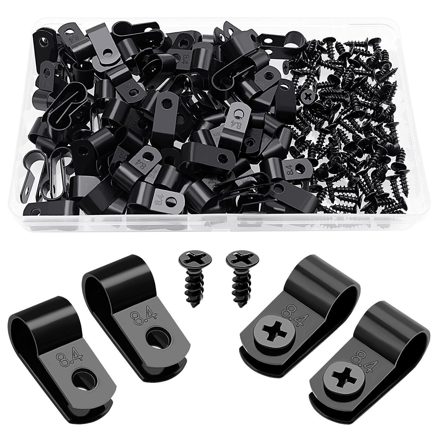 VooGenzek 100 PCS 5/16 Inch R-Type Cable Clip Wire Clamp, Nylon Screw Mounting Cord Fastener Clips with 100 PCS Screws, for Wire Management (Black)