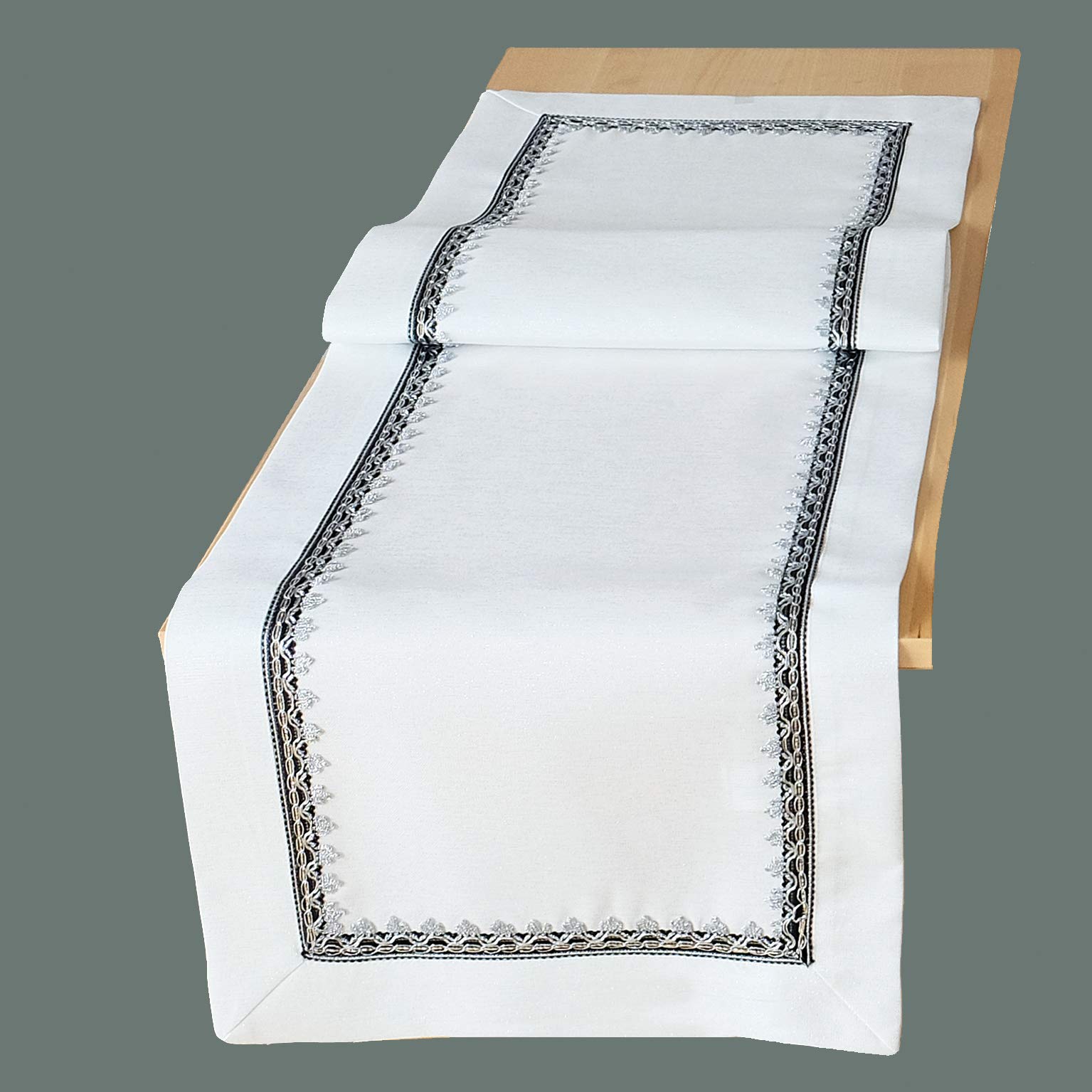 Raebel OHG Table Cloth Runner White with Silver Border 100% Polyester Choice of Sizes, Polyester, Silver, 40 x 140 cm