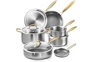 CAROTE Ceramic Tri-Ply Stainless Steel Cookware Set, 10Pcs Stainless Steel Pots and Pans with Tempered Glass Lids, Stay-Cool Handles, Dishwasher and Oven Safe up to 500°F