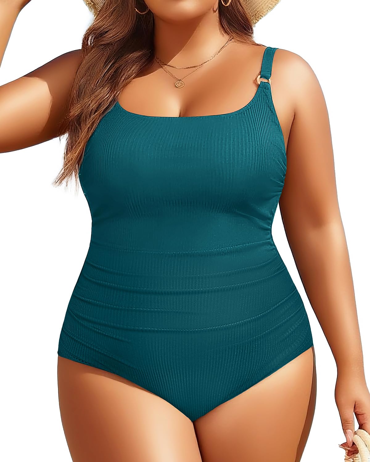 Photo 1 of Women's Plus Size One Piece Swimsuit- Tummy Control Bathing Suit Ribbed Square Neck Swimwear 2025 Dark Teal 18 Plus