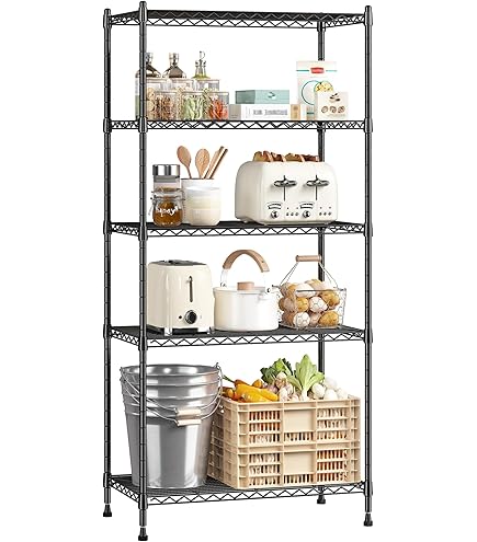 Étagère De Rangement à 5 Niveaux, Étagère Sur Pied Avec 4 Crochets, Pour Le Salon/Cuisine, MDF