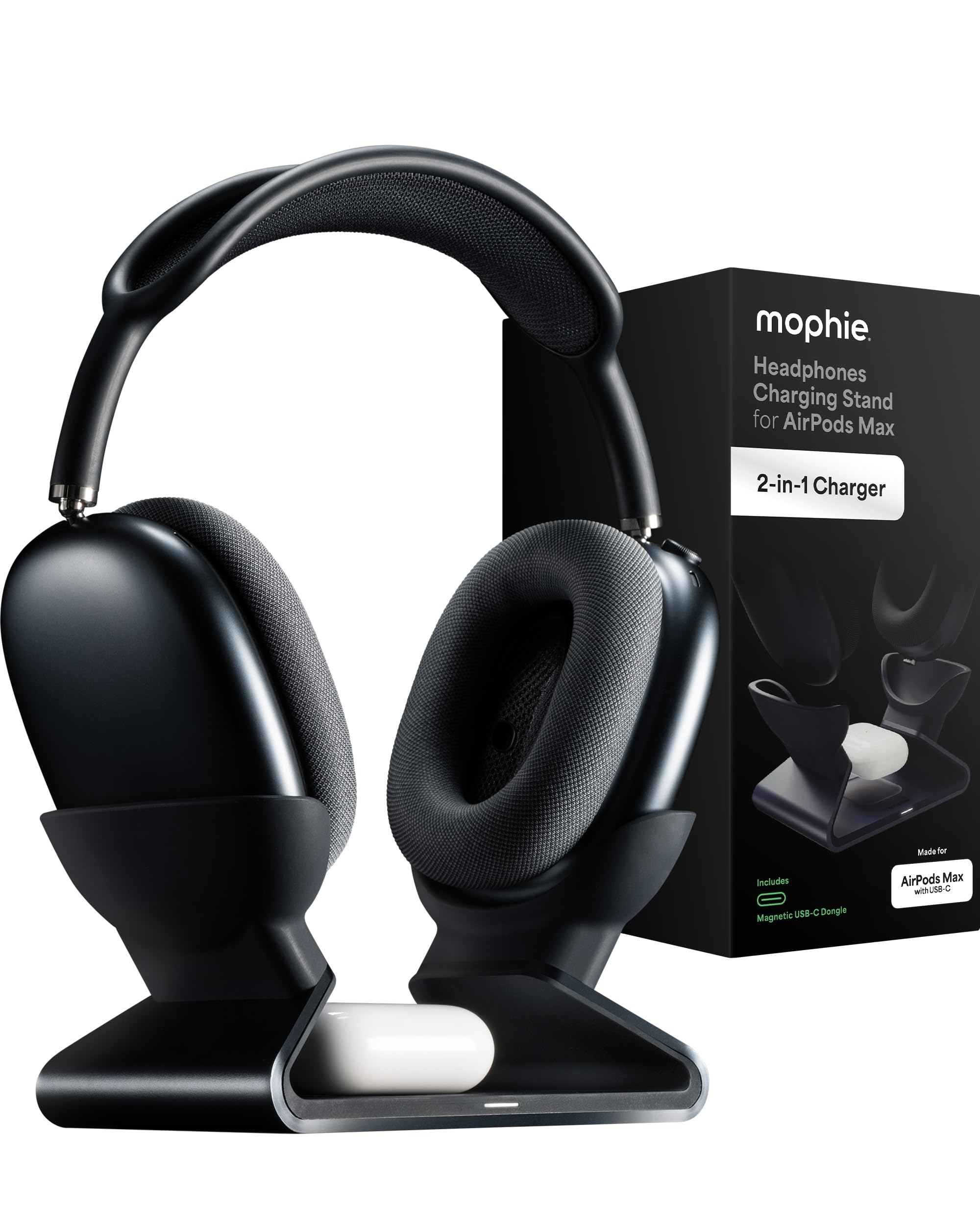 Photo 1 of Mophie Max Dual Charging Stand for AirPods Max Headphones – Auto Sleep Mode, Premium Anti-Scratch Design, Magnetic USB-C for Effortless Alignment, Charges AirPods & Qi Devices