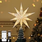 Lewondr Christmas Tree Topper Star, 13inch 10-Point Light Up Xmas Star Treetop with Plug and Remote Control for Home Christmas Decoration, 6H Timer & 8 Lighting Modes, Warm Light, Silver