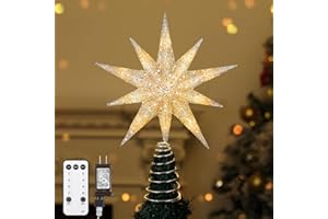 Lewondr Christmas Tree Topper Star, 13inch 10-Point Light Up Xmas Star Treetop with Plug and Remote Control for Home Christmas Decoration, 6H Timer & 8 Lighting Modes, Warm Light, Silver