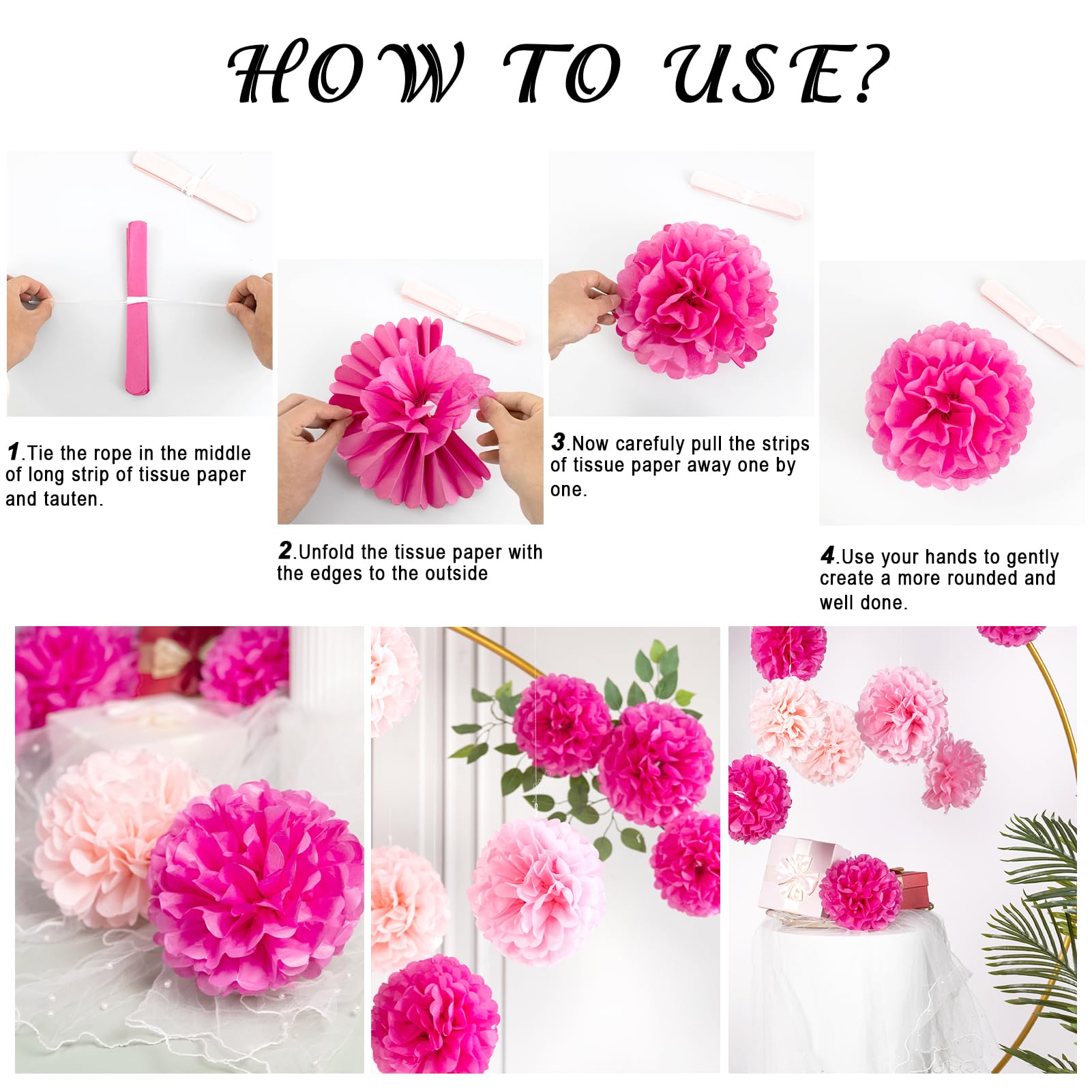 Hot Pink Tissue Pom Poms Paper Flowers Hanging Decorations Pink Flower Ball for Mother's Day Baby Shower Wedding Nursery Birthday Party Backdrop Home Outdoor