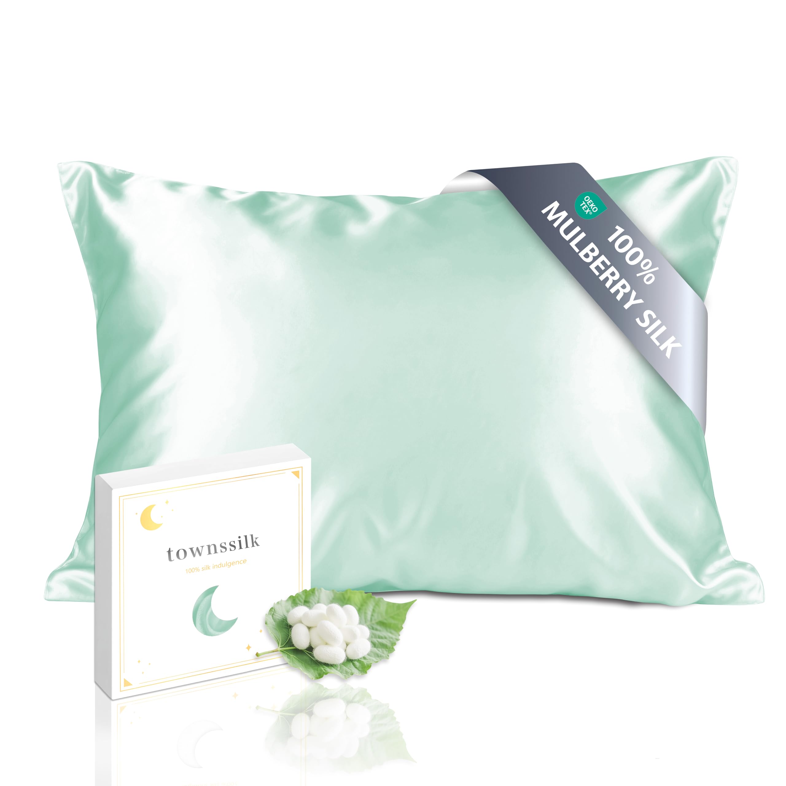 townssilk Pillowcase 100% 19mm Pure Mulberry Silk, Double-Sided Silk, for Hair and Skin Health, Silk Pillowcase, Hidden Zipper 600 Thread Count, 1 Piece, 40 x 60 cm, Light Green