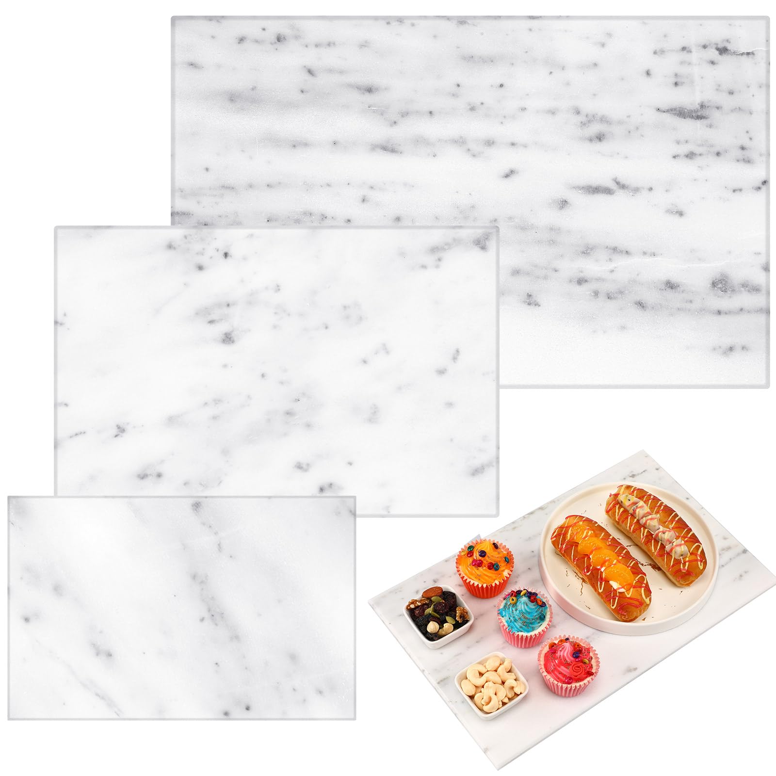 Photo 1 of Hushee White Marble Board for Kitchen Marble Serving Tray 3 pcs Different Sizes 9 x 6'' 12 x 8'' 16 x 10'' and Non Slip Feet Pastry Cheese Tray Cutting Board for Pizza Bread Cake Baking Display