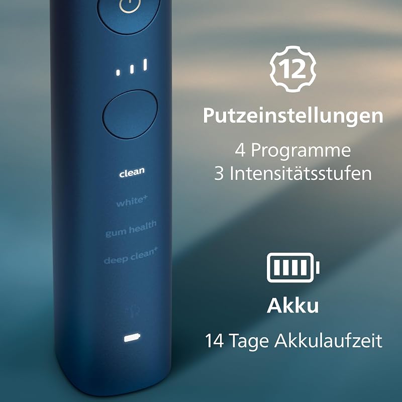 Sonicare DiamondClean elektrische Zahnbürste der 9000er Serie – Schallzahnbürste, sauberere Zähne und Mundpflege mit 4x C3 Premium Plaque Defense-Bürstenköpfen, Aquamarine (Modell HX9911/89)