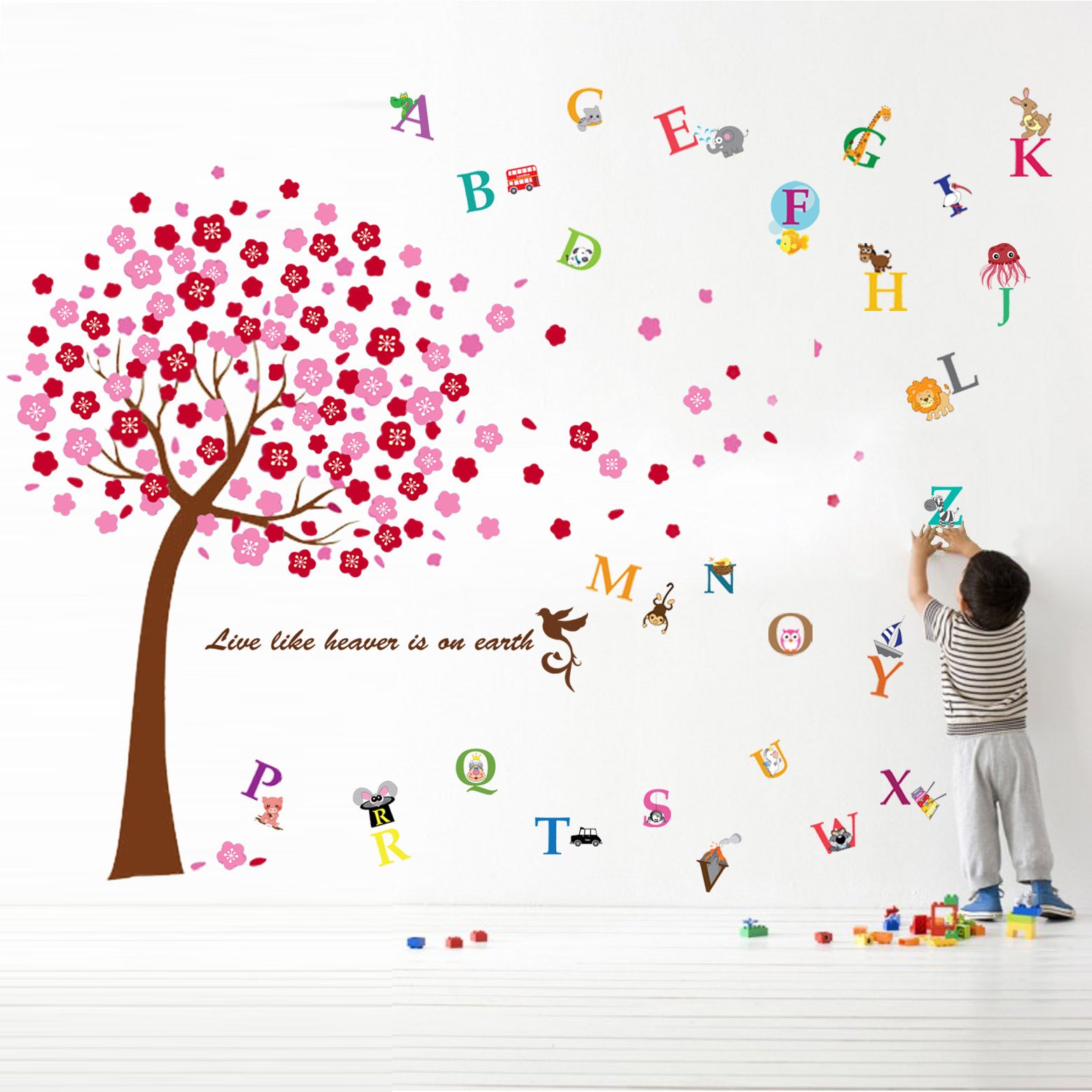 WALPLUS Pink Cherry Blossom Alphabet Wall Stickers for Kids Nursery Room Decor