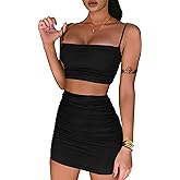 BEAGIMEG Women's Ruched Cami Crop Top Bodycon Skirt 2 Piece Outfits Dress