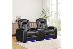 ANJ Power Home Theater Seating Set of 2, PU Leather Electric Recliner Chair with Powered Headrest, Dual Motors Movie Reclining Chairs with LED Lights,USB Port, Cup Holders, Hidden Arm Storage (Black)
