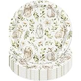 AnyDesign 50 Pcs Easter Bunny Paper Plates Disposable Plates 9 Inch Watercolor Rabbit Flower Leaves Party Tableware for Spring Holiday Birthday Table Supplies