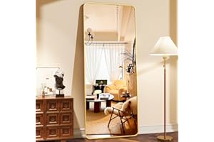 XRAMFY 66"x23" Floor Full Length Mirror Standing Full Body Rounded Corner Rectangle Mirrors with Stand Hanging Wall Mounted Leaning Bedroom Living Room Bedroom Cloakroom,Gold