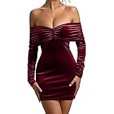 GOKATOSAU Women's Sexy Velvet Long Sleeve Off Shoulder Ruched V Neck Bodycon Mini Cocktail Dress
