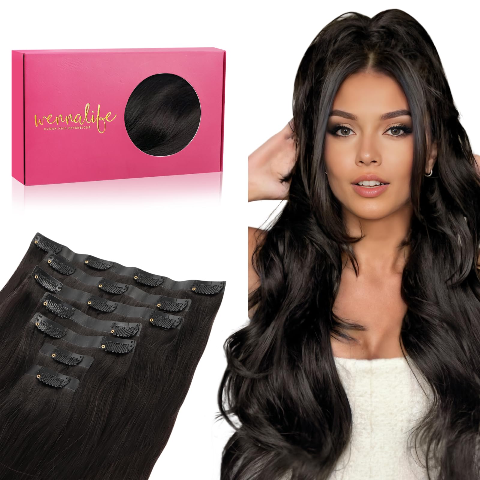 WENNALIFE Seamless Clip In Hair Extensions, 14 Inch 7pcs 130g Natural Black Real Human Hair Extensions Invisible PU Skin Weft Natural Remy — image 1