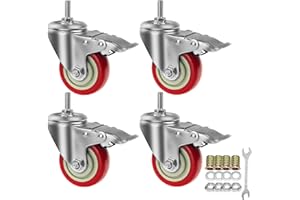 YEWEKE Swivel Stem Casters, Heavy Duty Double-Locking Castors with Red PU Wheels Quiet and No Marking with Metric Thread Rods M10-1.5x25mm 800-1000lb Load Capacity Pack of 4 (3 Inch)