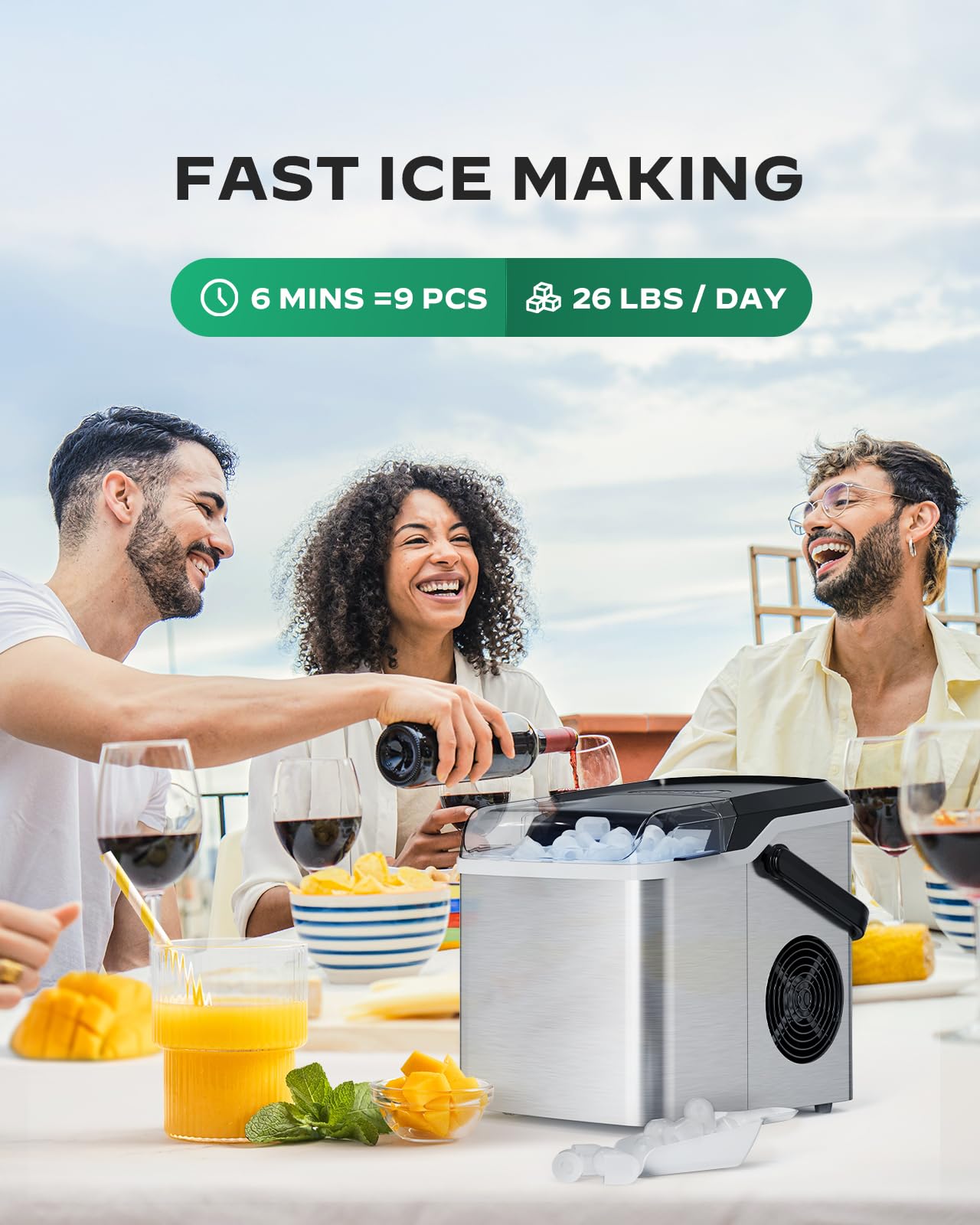 Silonn Countertop Ice Maker - 9 Cubes Ready in 6 Mins, 26lbs in 24Hrs, Portable Ice Machine with Self-Cleaning, 2 Sizes of Bullet Ice for Home/Kitchen/Party/RV, Stainless Steel