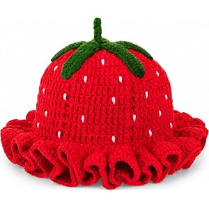 YUROCUTE Crochet Bucket Hat for Women Men Fruit Knit Handmade Ruffle Brim Cap Cosplay Halloween Costumes