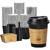 BYSNOW 100 pack 12 oz Thickened Coffee Cups with Lids, Scald Resistant Hot Cups with Sleeve and Straw, To Go Coffee Cups for Home, Office, Cafes and Party (Black 12oz)