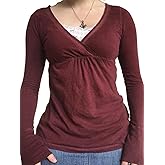 Women Wrap V-Neck Going Out Tops Solid Color Fairy Grunge Long Sleeve Top Y2K Shirts Streetwear