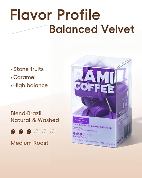 RAMI COFFEE COLD BREW FREEZE DRIED INSTANT COFFEE POWDER, MEDIUM ROAST 100% ARABICA, 6 PORTABLE SINGLE PACKETS FOR HOME TRAVEL BACKPACKING CAMPING