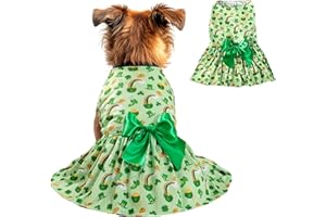BLINKET St. Patrick's Day Dog Costume Dress L, Green Clover and Horseshoe Print with Satin Bow, Pet Dress for 11-13 lbs Dogs and Cats, Festive Holiday Clothing