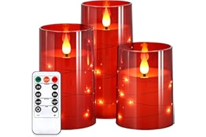 NURADA Flickering Flameless Candles: Built-in Star String Lights Battery Operated LED Pillar Candles with Remote and Timer Romantic Decorations for Wedding Party Christmas Halloween - Red 3 Pack