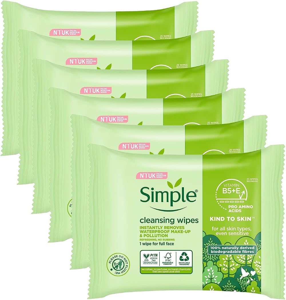 Simple Kind to Skin Facial Wipes Sensitive Skin 6 Pack x 25 Wipes Glycerin