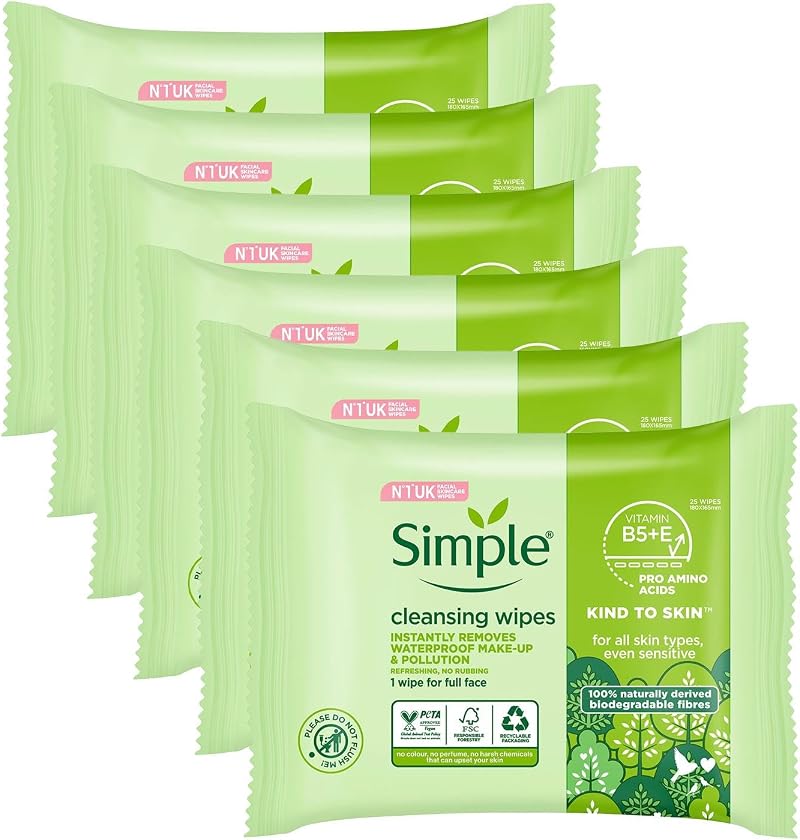 Simple Kind to Skin Facial Wipes Sensitive Skin 6 Pack x 25 Wipes Glycerin